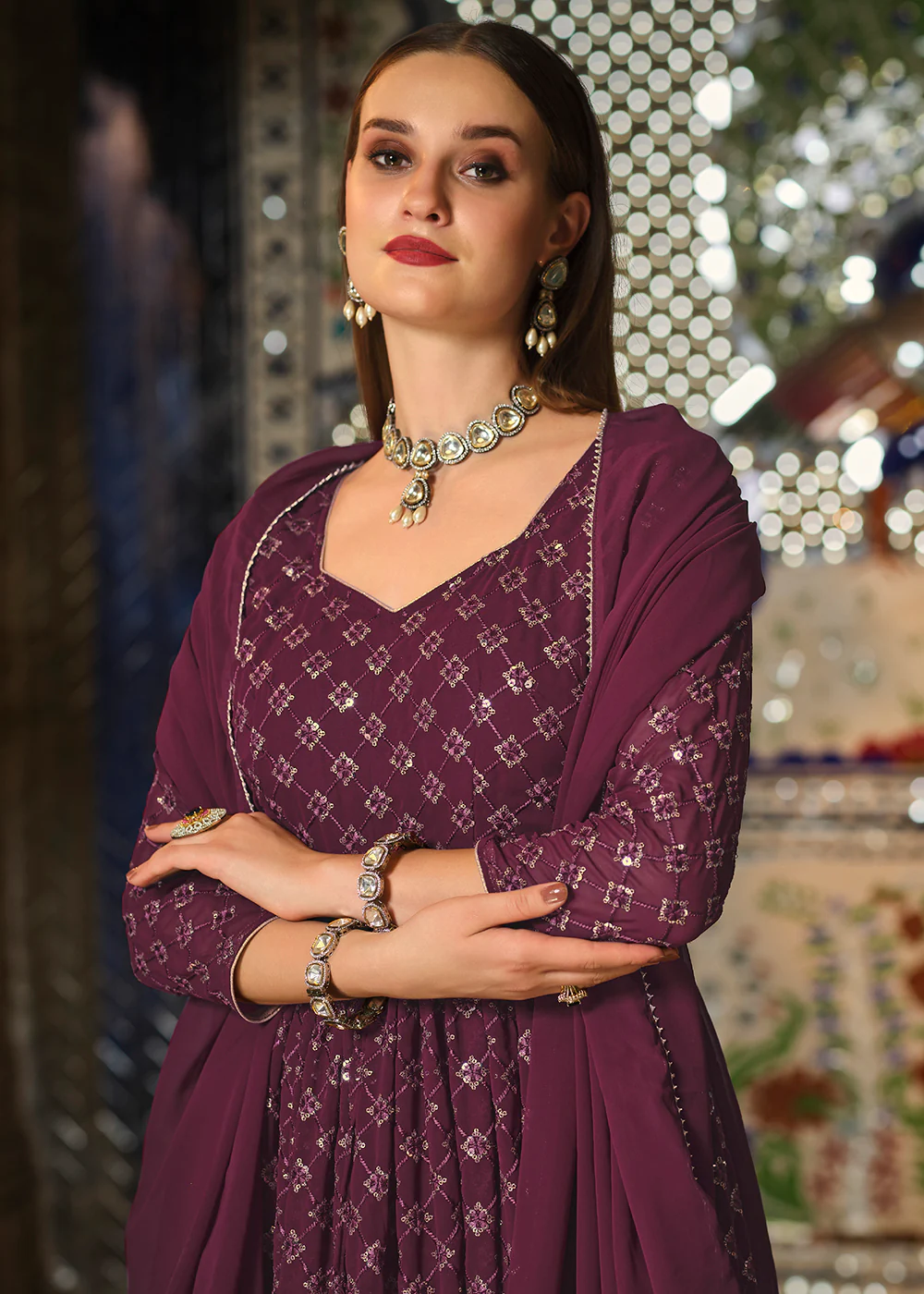 Wine Sequins Front Slit Wedding Wear Anarkali Lehenga - Image 2