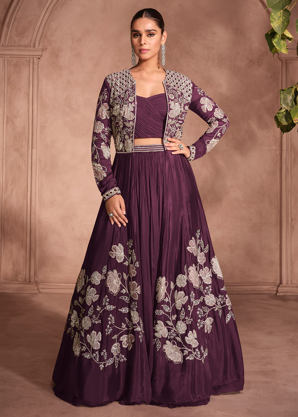 Wine Shrug Style Designer Lehenga Choli