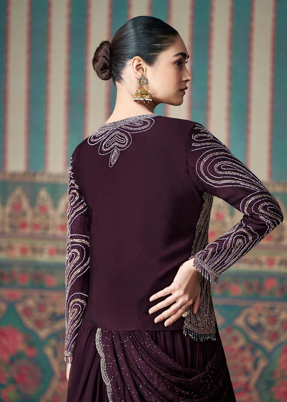 Wine Silk Embroidered Saree Style Party Wear Anarkali Gown - Image 3