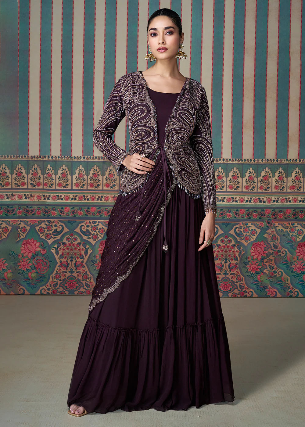 Wine Silk Embroidered Saree Style Party Wear Anarkali Gown - Image 4