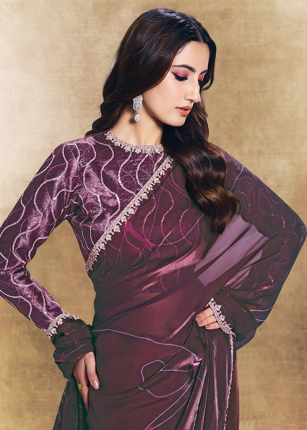 Wine Two Tone Satin Silk Printed & Embroidered Festive Saree - Image 2