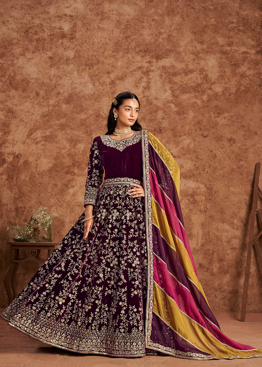 Wine Velvet Embroidered Wedding Festive Anarkali Gown - Image 3