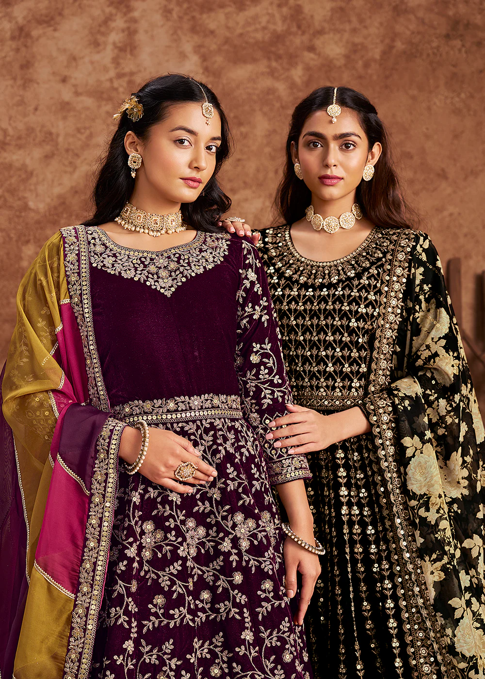 Wine Velvet Embroidered Wedding Festive Anarkali Gown - Image 4