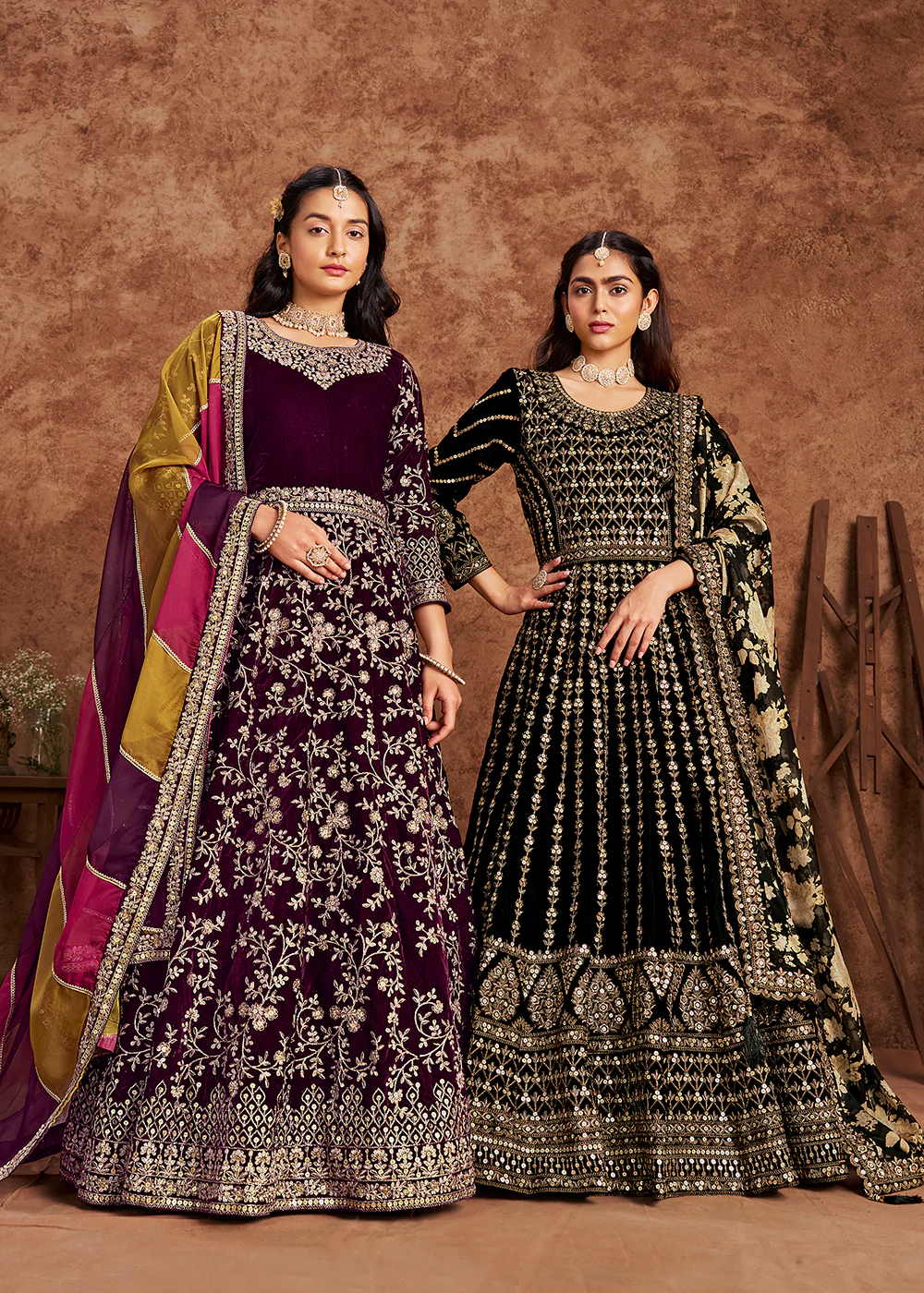 Wine Velvet Embroidered Wedding Festive Anarkali Gown - Image 5