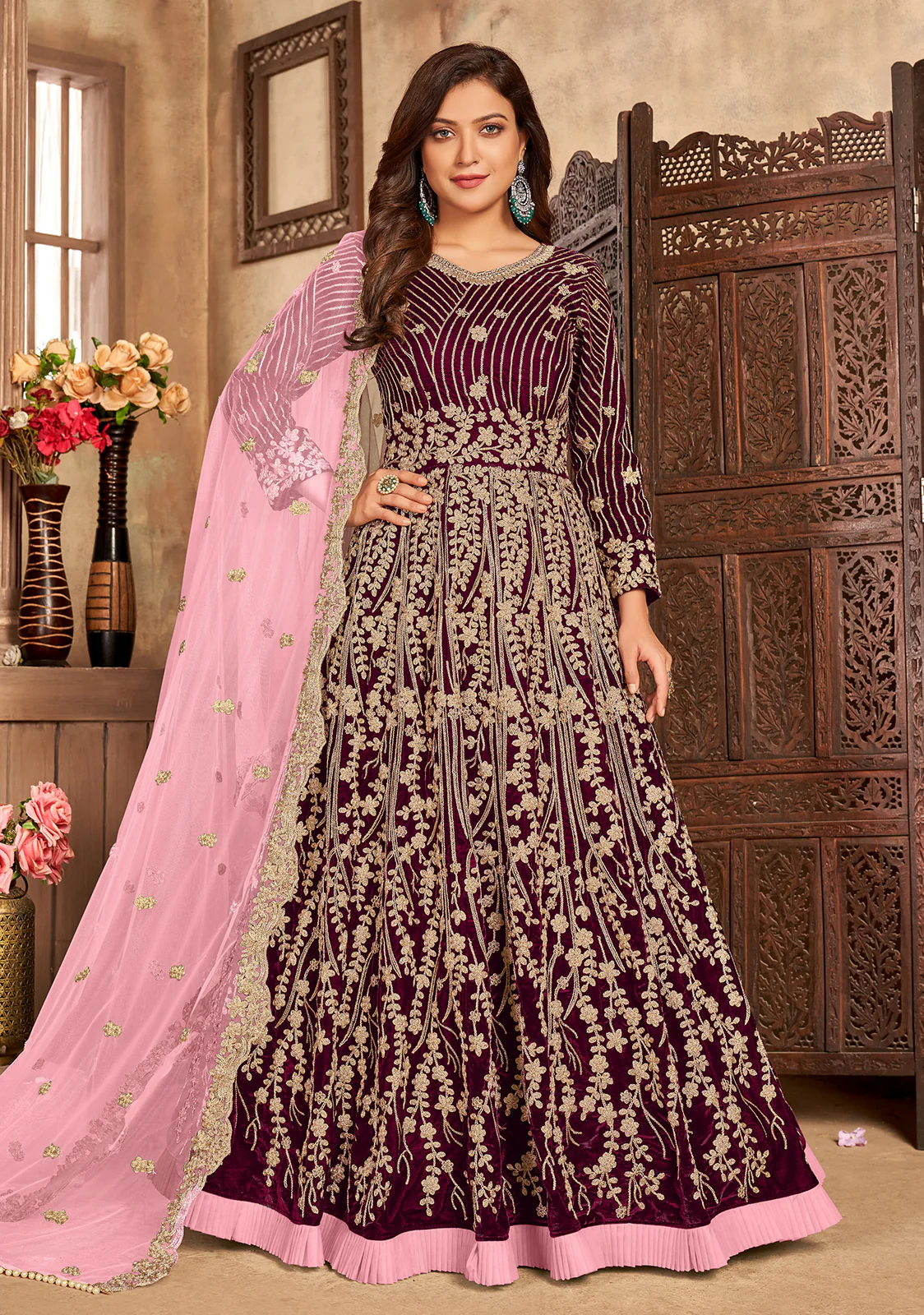 Wine Plum Velvet Floor Length Designer Anarkali Suit