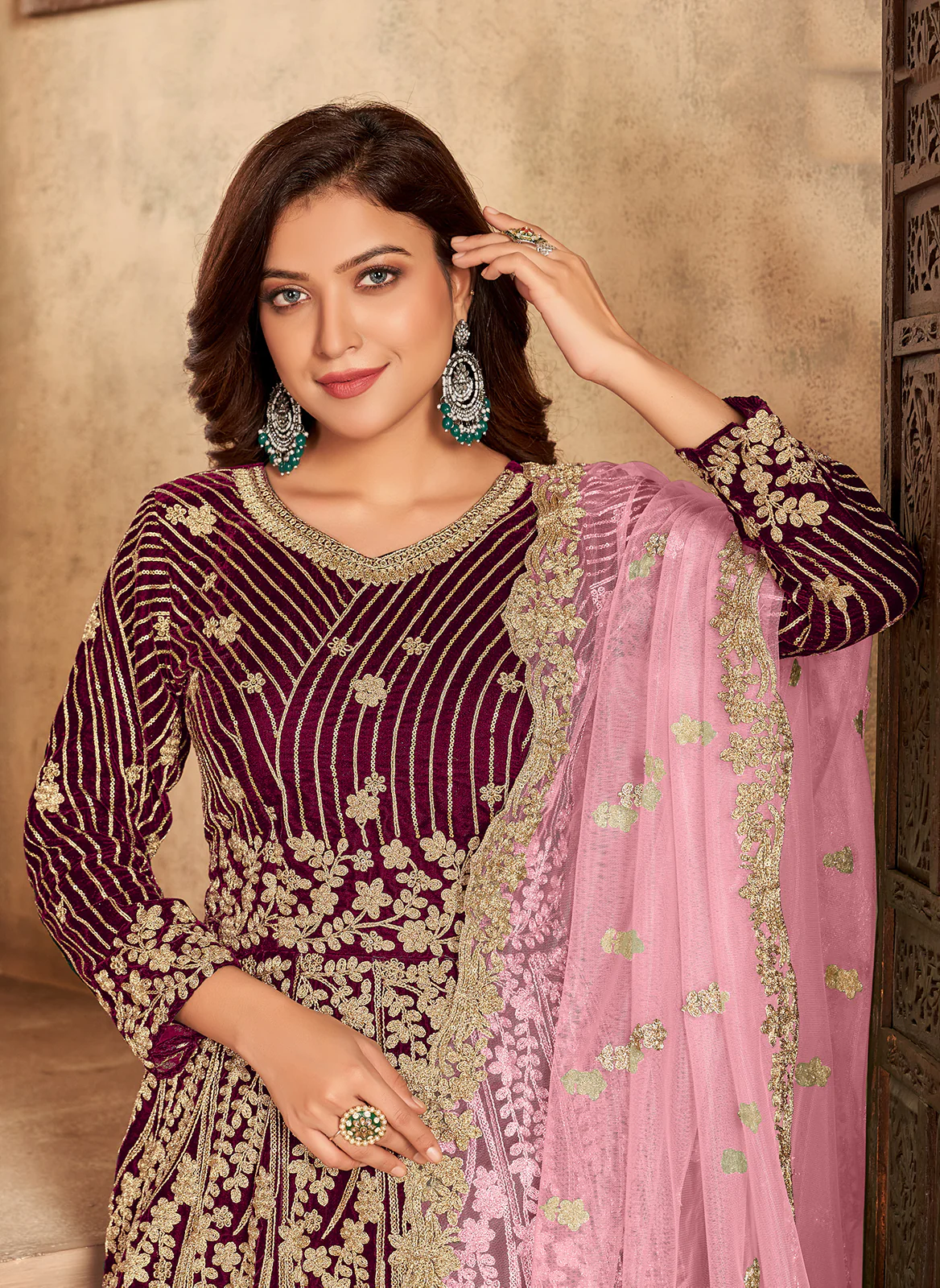 Wine Plum Velvet Floor Length Designer Anarkali Suit - Image 2