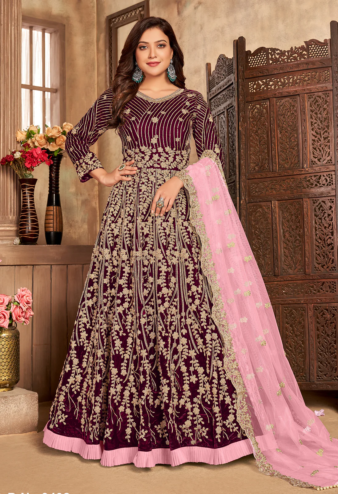 Wine Plum Velvet Floor Length Designer Anarkali Suit - Image 3