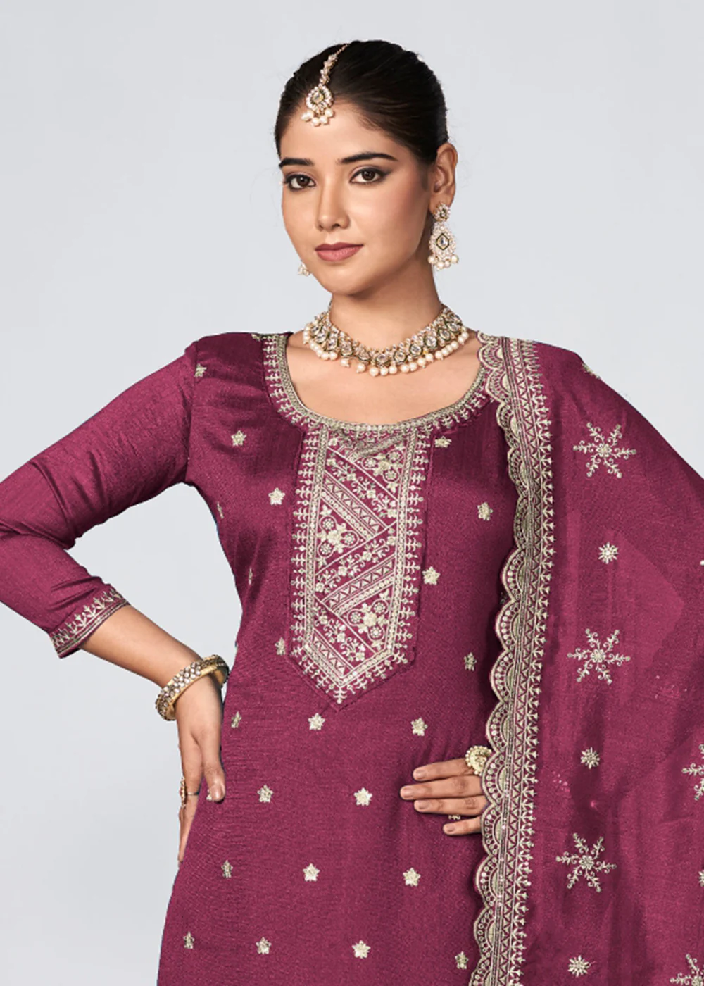 Wine Vichitra Silk Embroidered Wedding Festive Palazzo Suit - Image 2