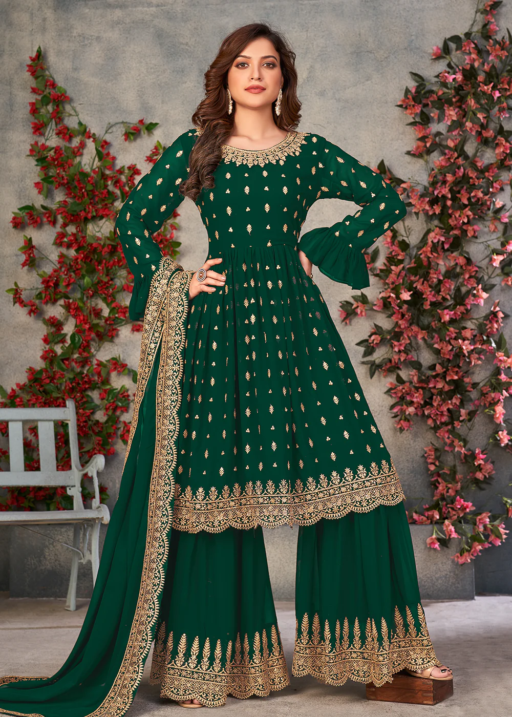 Winsome Green Georgette Sangeet Wear Sharara Suit