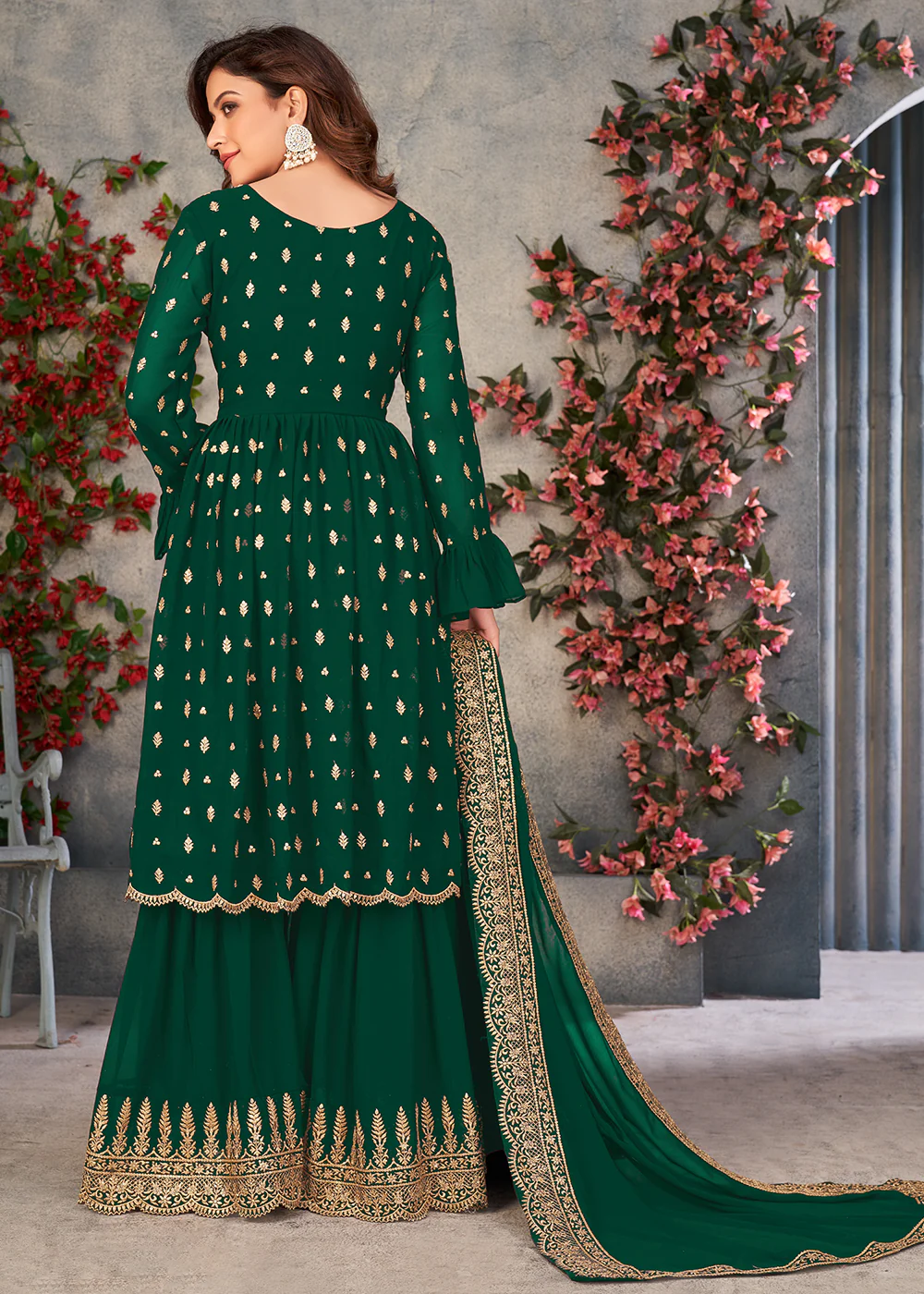 Winsome Green Georgette Sangeet Wear Sharara Suit - Image 3