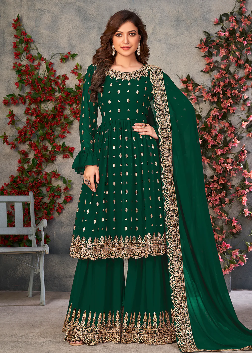 Winsome Green Georgette Sangeet Wear Sharara Suit - Image 4