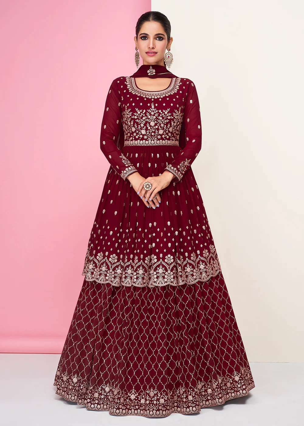 Winsome Maroon Sharara Top Style Lehenga Anarkali