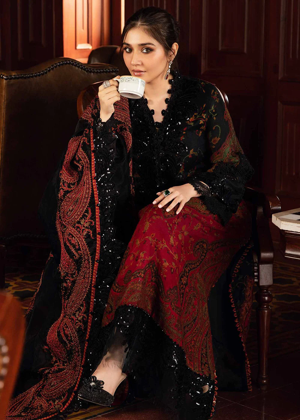 Winter Luxe 2024 by Maria B | DL-1204 Black & Maroon - Image 4