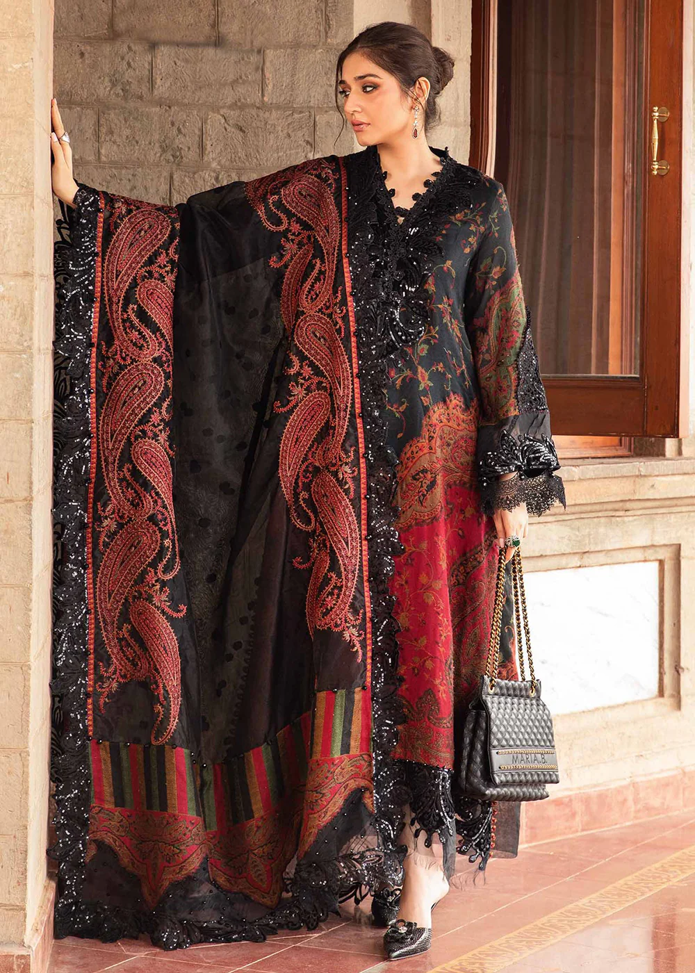 Winter Luxe 2024 by Maria B | DL-1204 Black & Maroon - Image 5