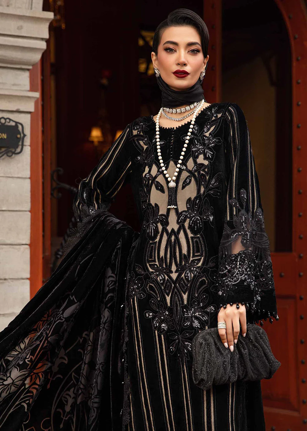 Winter Luxe 2024 by Maria B | DL-1205 Black & Beige - Image 2