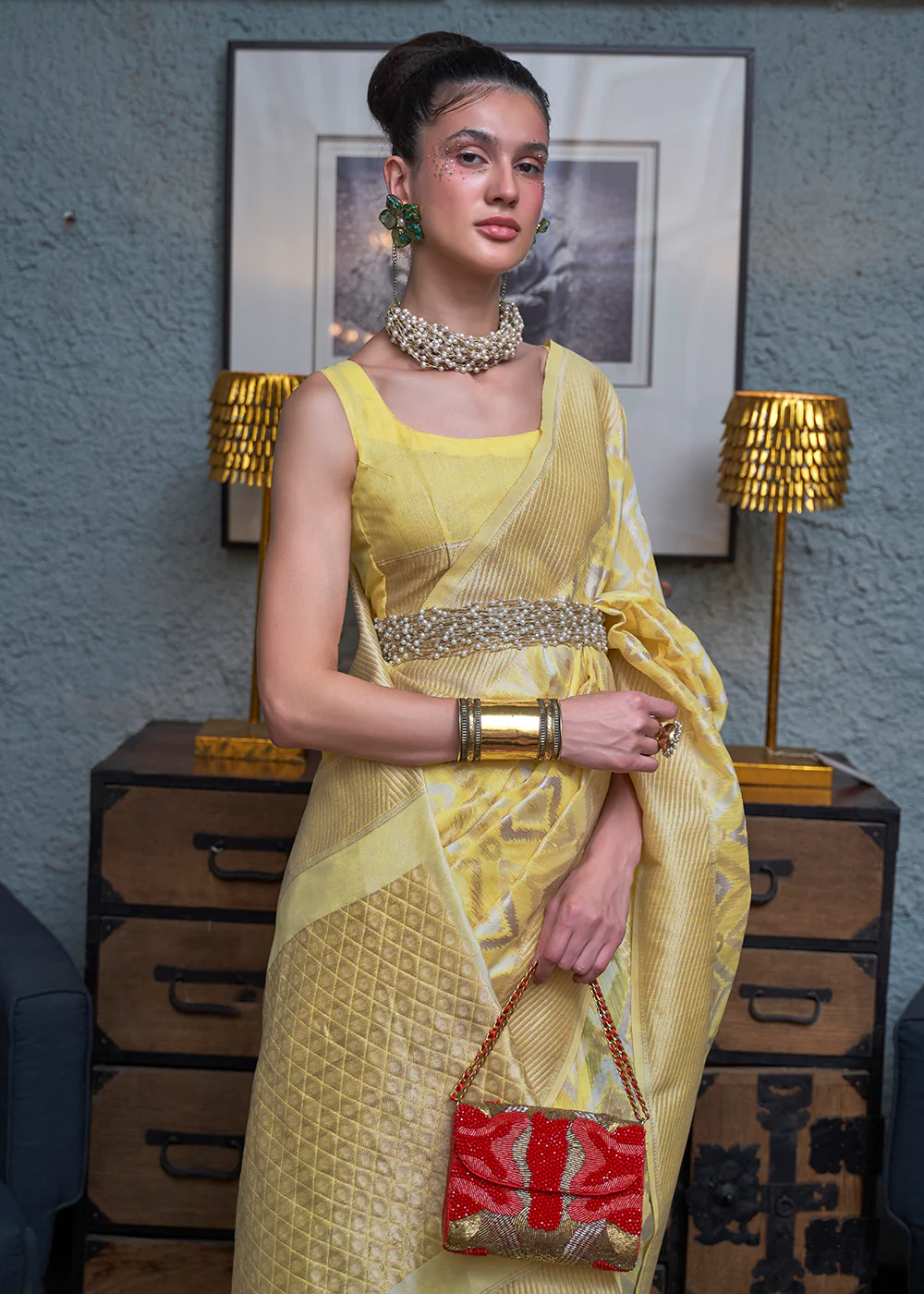 Wonderful Yellow Zari Weaving Linen Designer Saree - Image 2