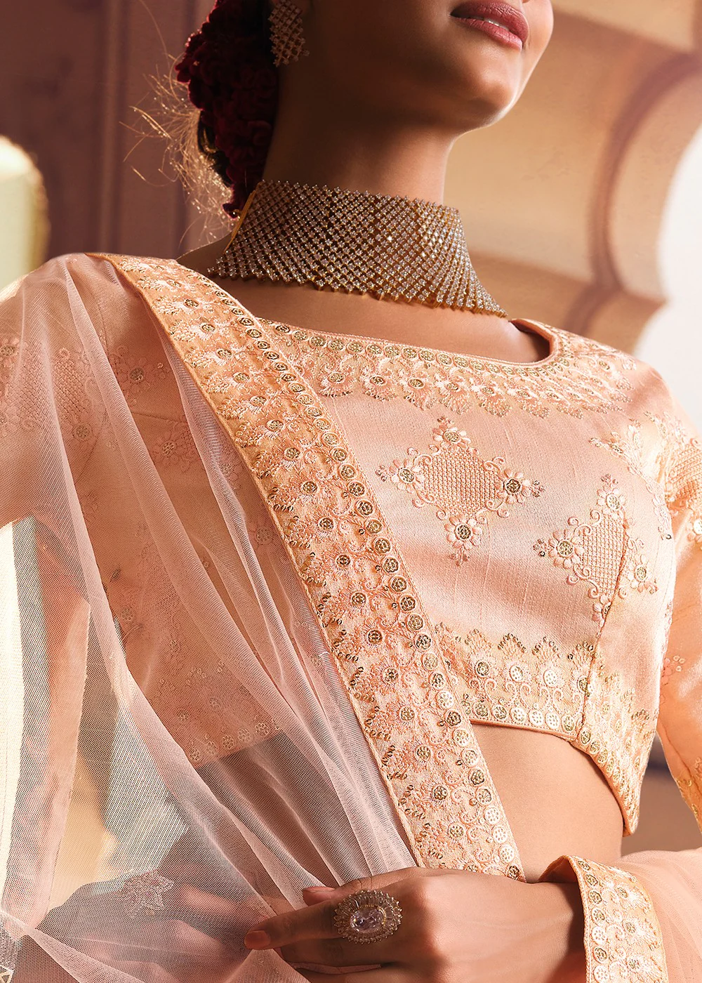Wondrous Light Orange Tiered Heavy Lehenga Choli - Image 3