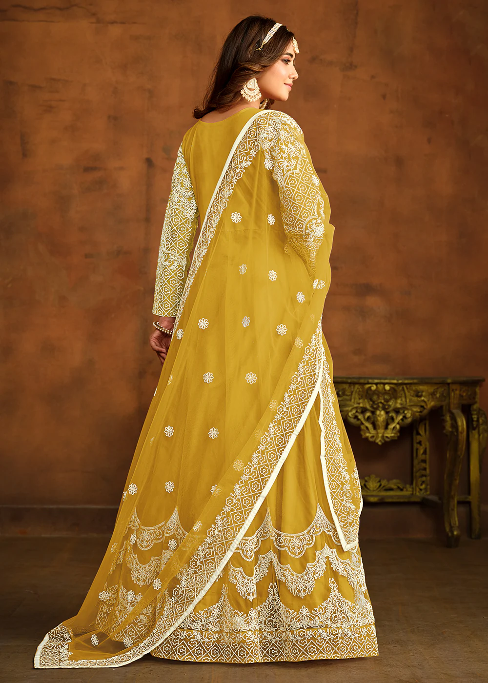 Yellow All Over Embroidered Net Wedding Anarkali Suit - Image 3