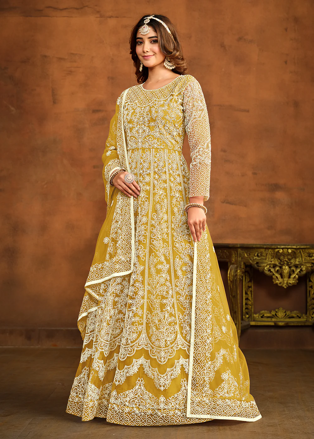 Yellow All Over Embroidered Net Wedding Anarkali Suit - Image 4