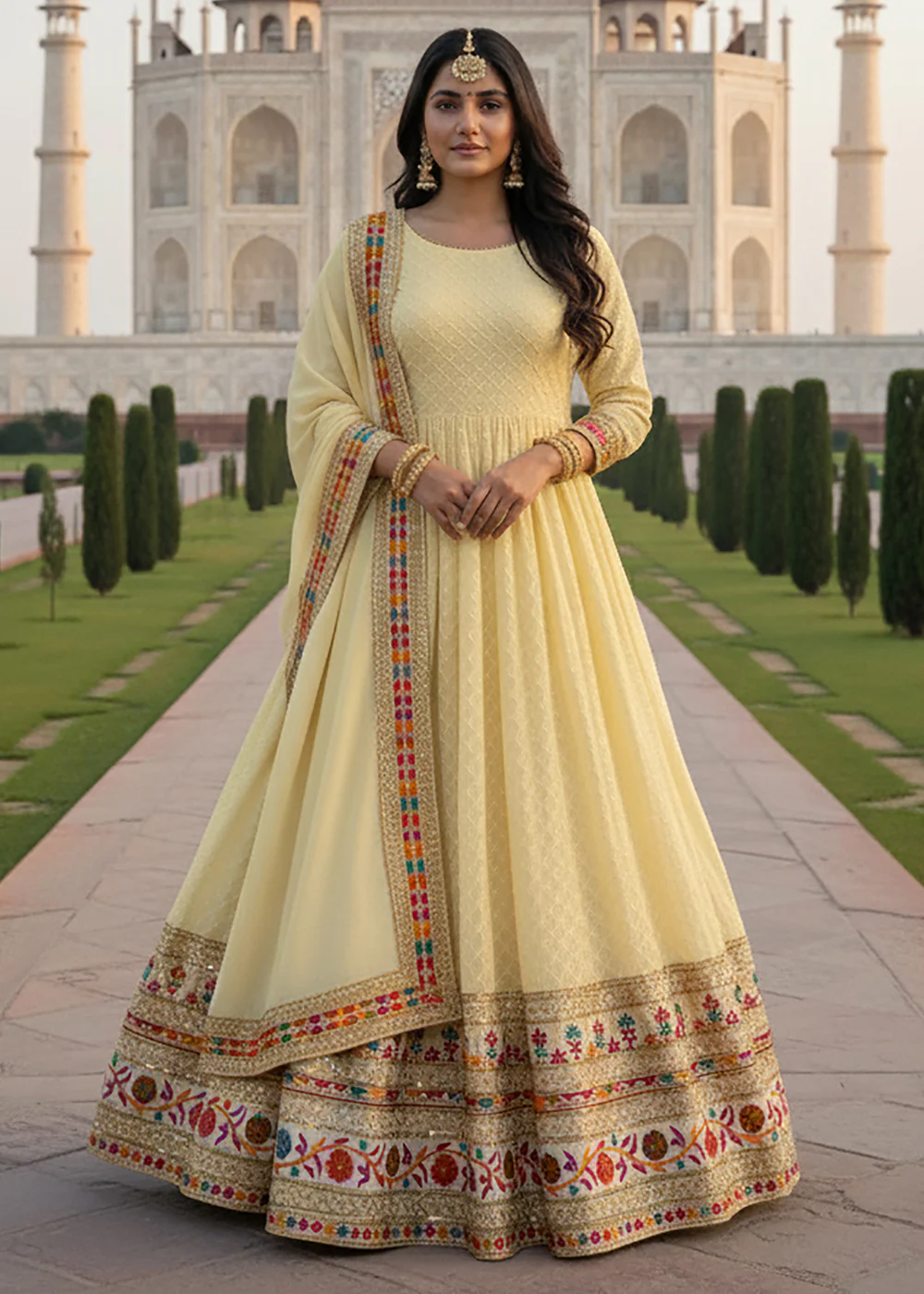 Yellow All Over Sequins Work Pastel Anarkali Gown