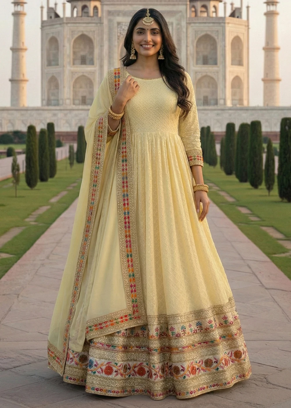 Yellow All Over Sequins Work Pastel Anarkali Gown - Image 2