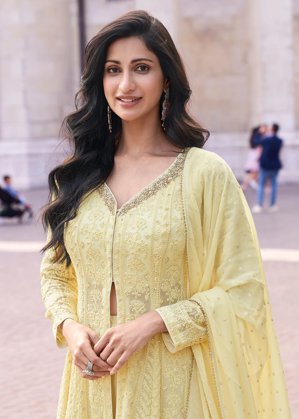 Yellow Anarkali Style Embroidered Festive Sharara Suit - Image 2