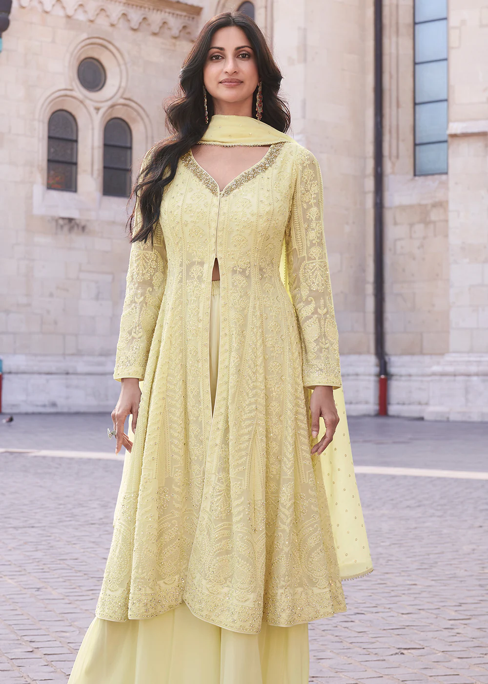 Yellow Anarkali Style Embroidered Festive Sharara Suit - Image 3