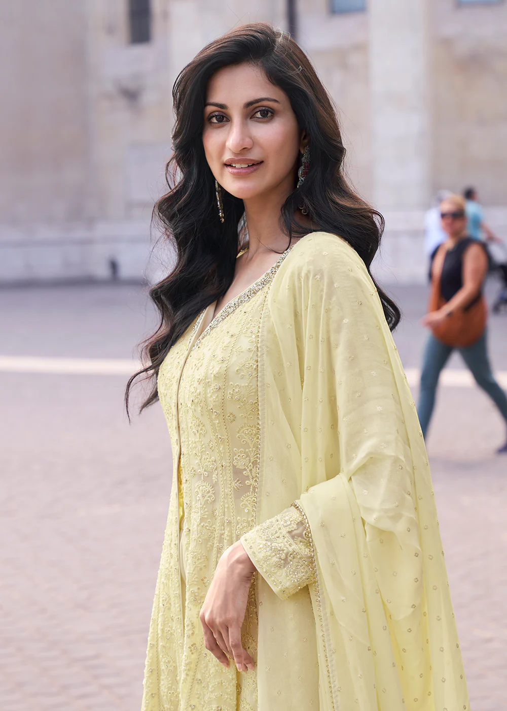 Yellow Anarkali Style Embroidered Festive Sharara Suit - Image 4