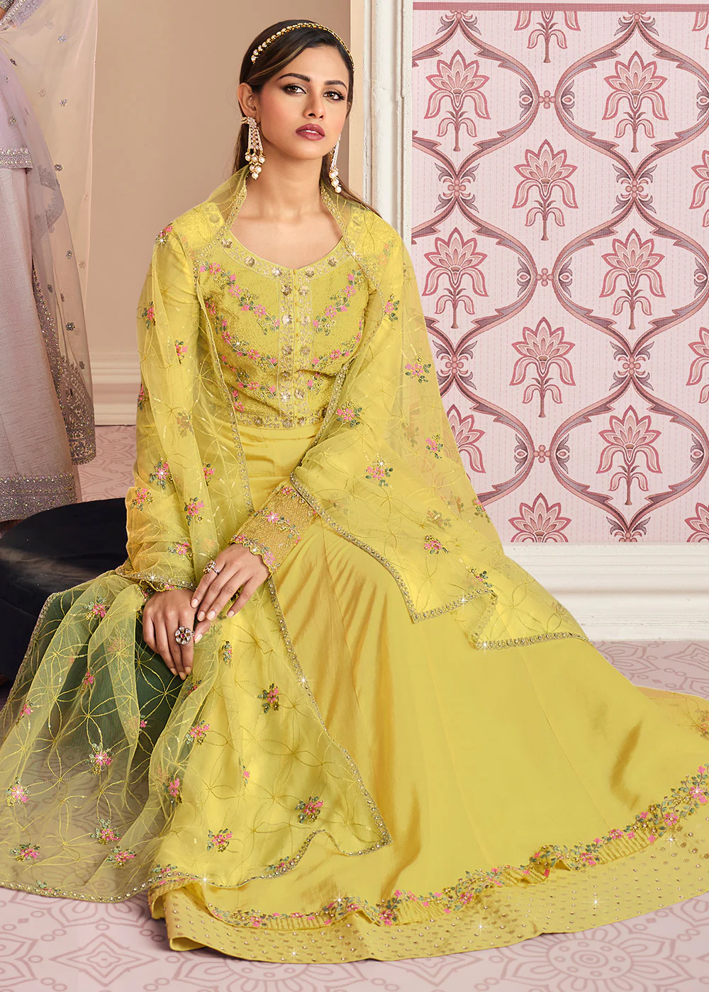 Yellow Art Silk Fabric Indian Embroidered Anarkali Suit - Image 3