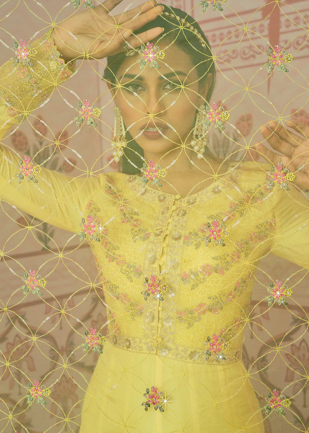 Yellow Art Silk Fabric Indian Embroidered Anarkali Suit - Image 4