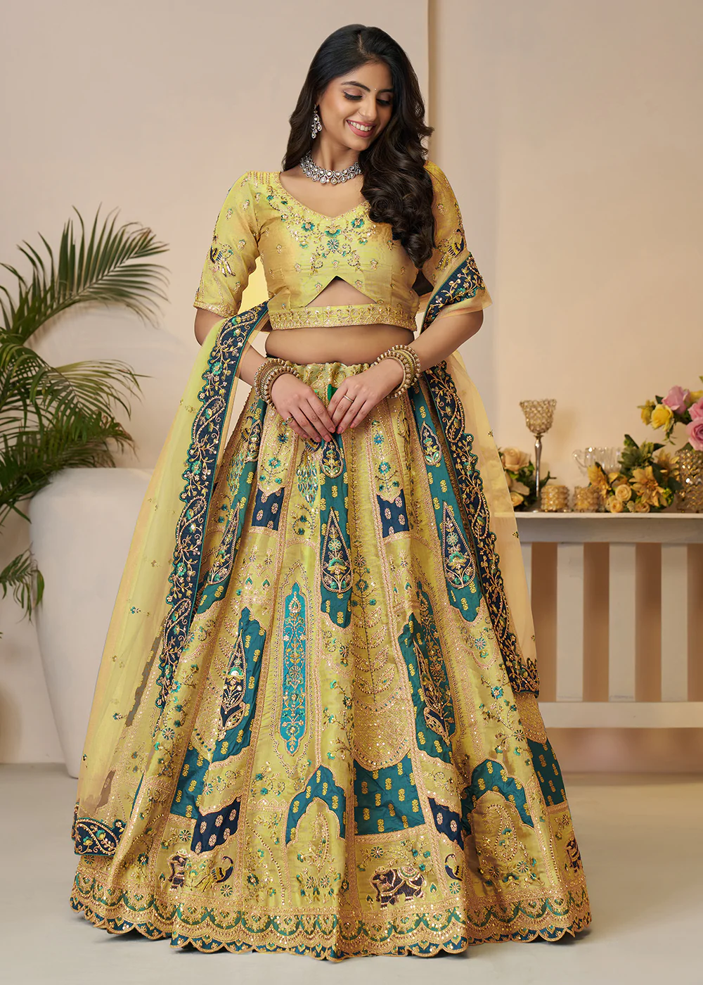 Yellow Banarasi Silk Embroidered Wedding Festive Lehenga Choli