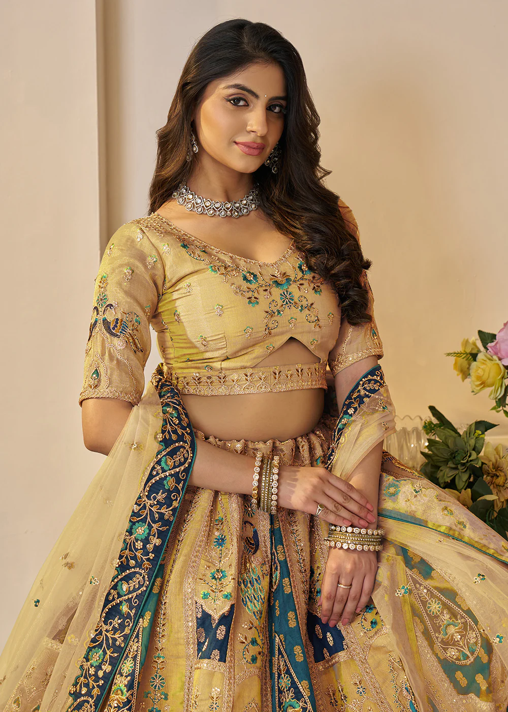 Yellow Banarasi Silk Embroidered Wedding Festive Lehenga Choli - Image 2