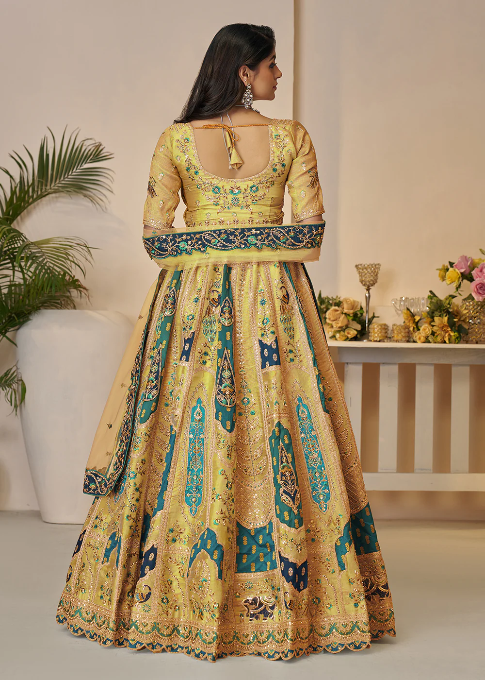 Yellow Banarasi Silk Embroidered Wedding Festive Lehenga Choli - Image 3
