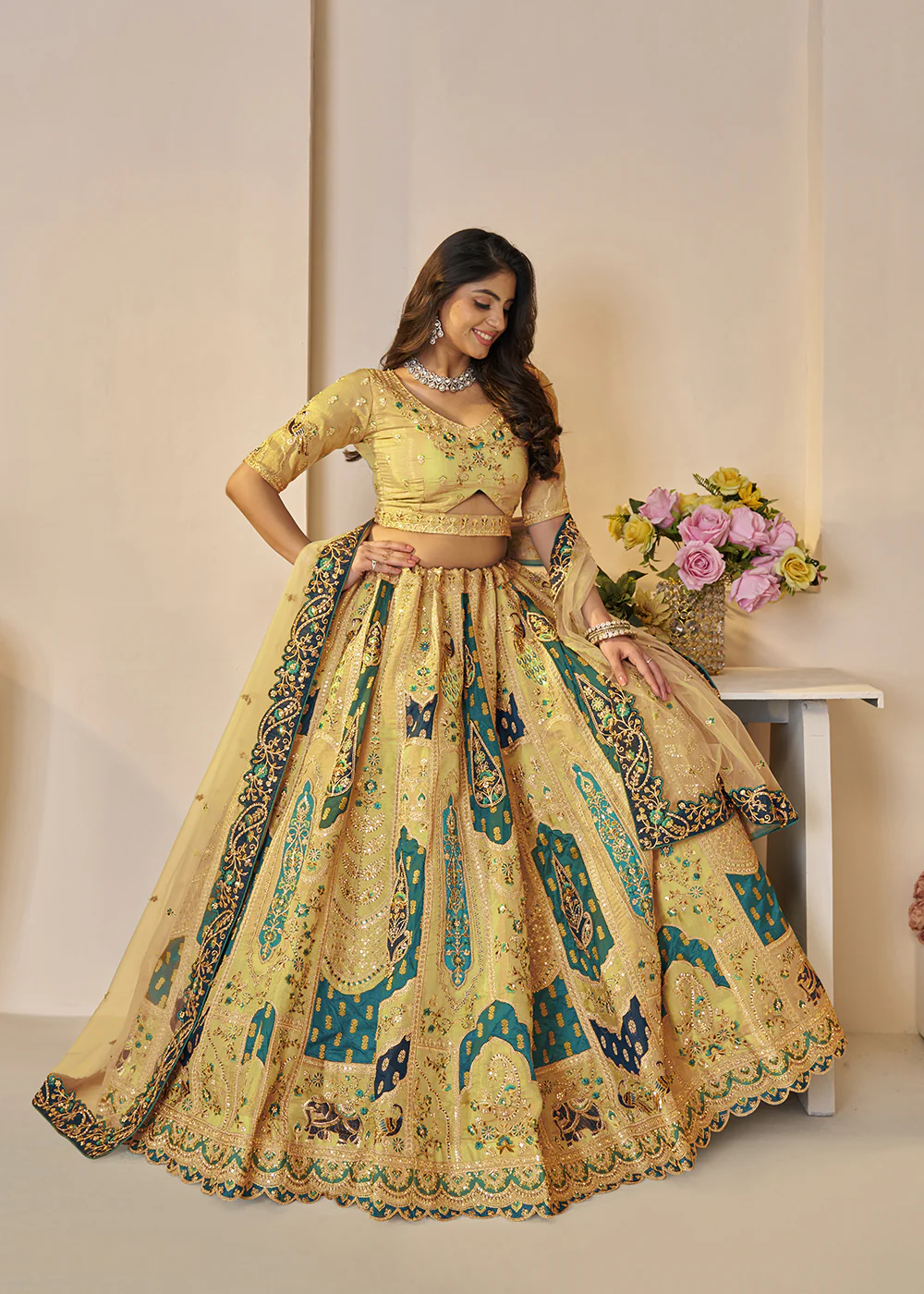 Yellow Banarasi Silk Embroidered Wedding Festive Lehenga Choli - Image 4