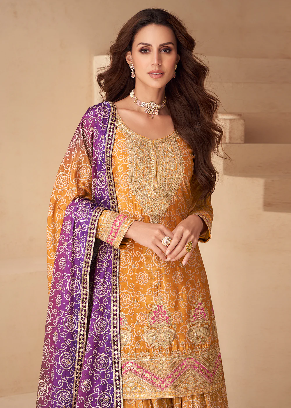 Yellow Bandhej Zari Embroidered Festive Palazzo Suit - Image 2