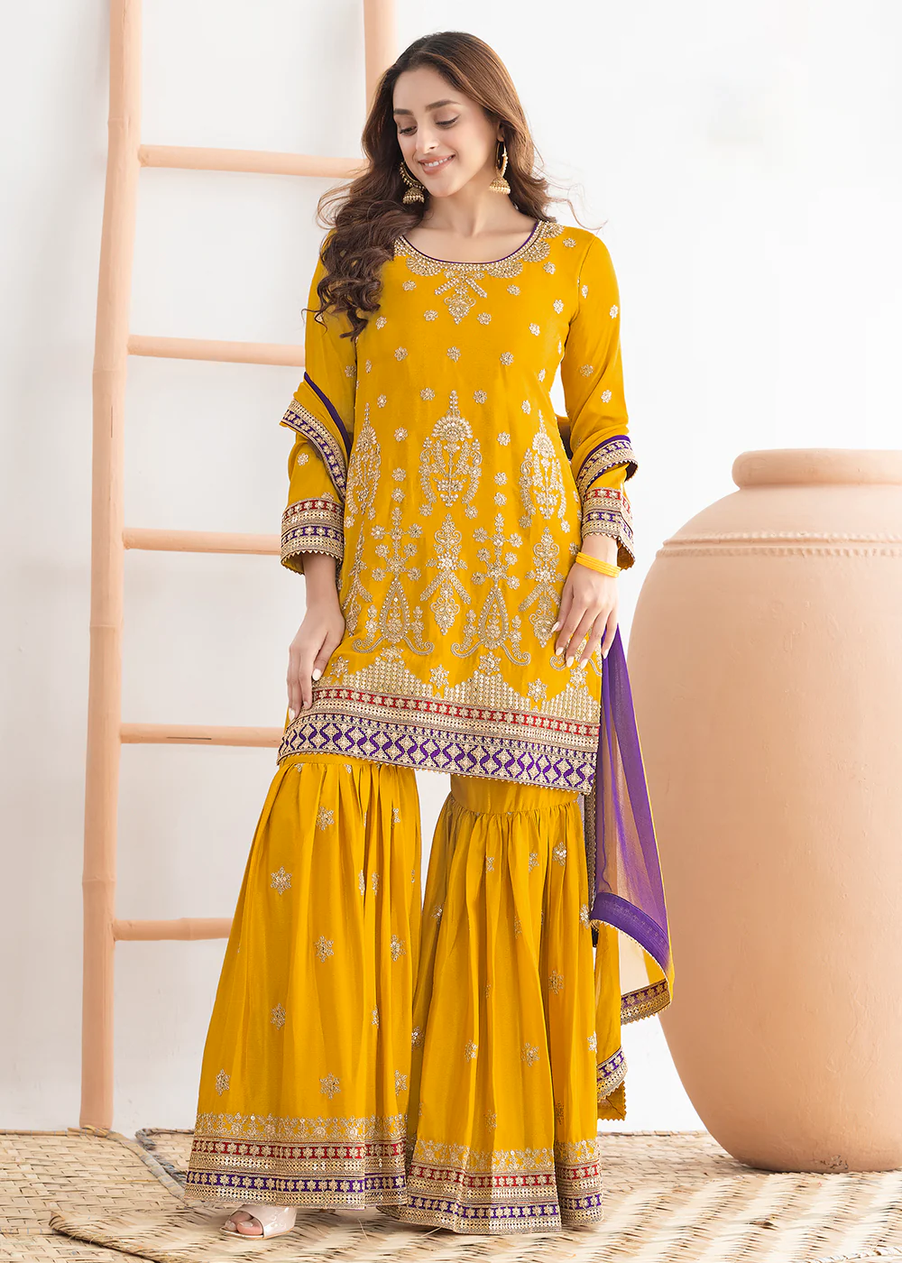 Yellow Beautiful Dabka Dori Gharara Style Suit