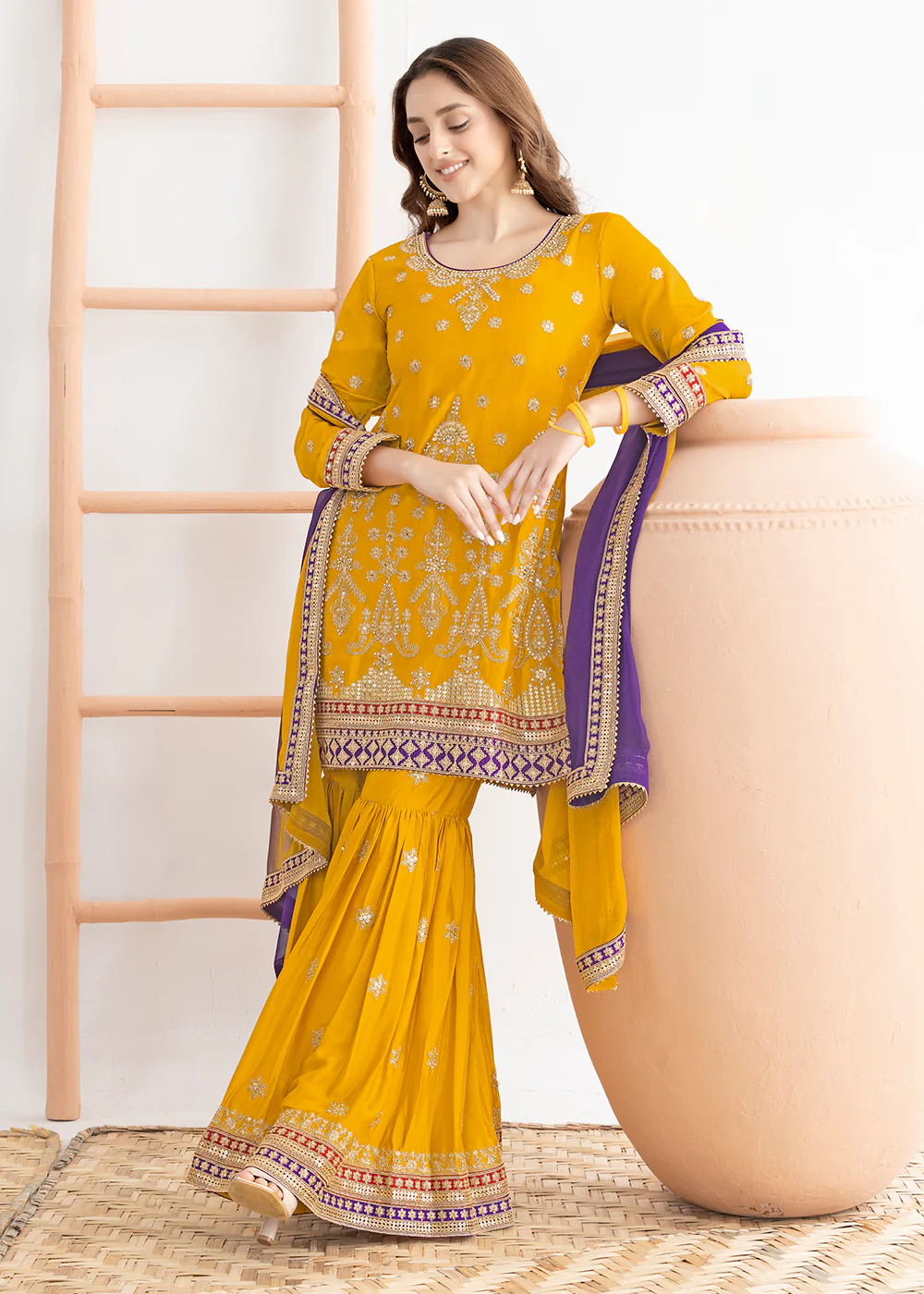 Yellow Beautiful Dabka Dori Gharara Style Suit - Image 3