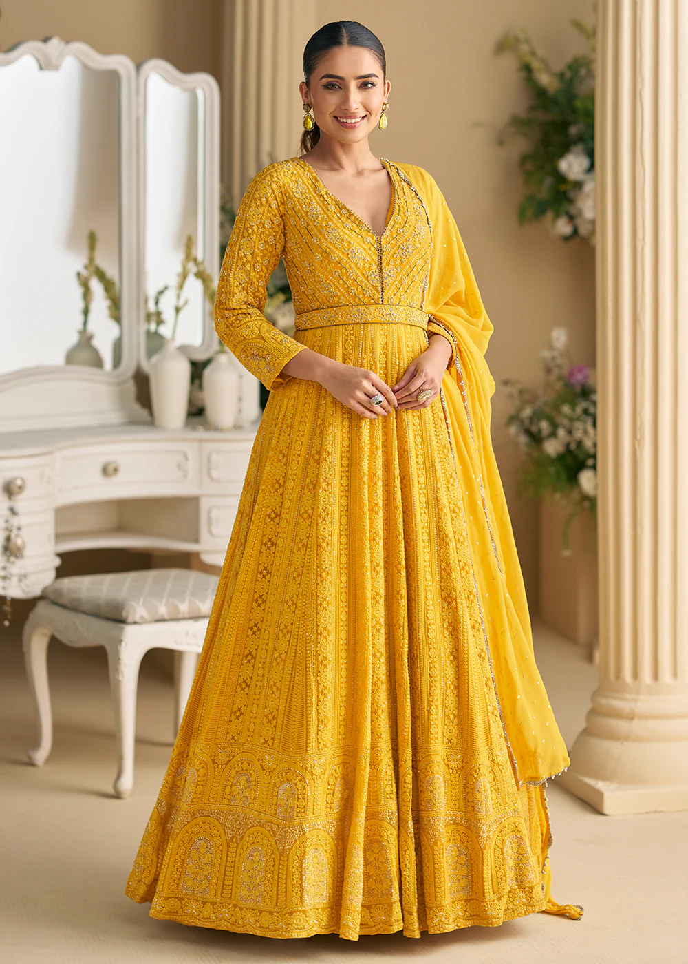 Yellow Chikankari Embroidered Wedding Festive Anarkali Gown