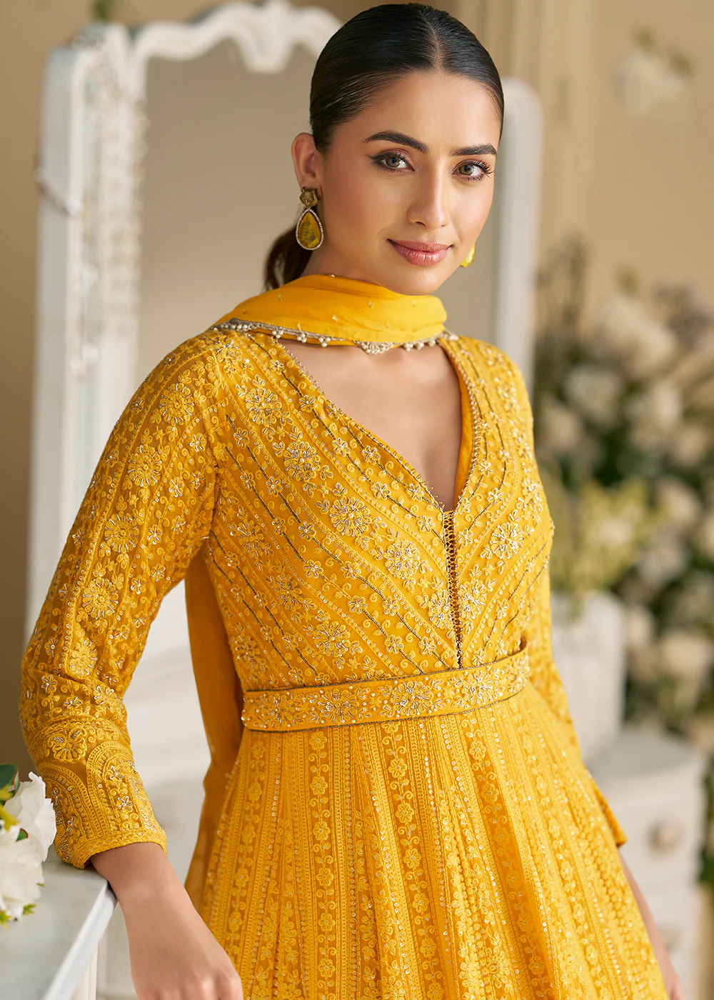 Yellow Chikankari Embroidered Wedding Festive Anarkali Gown - Image 2
