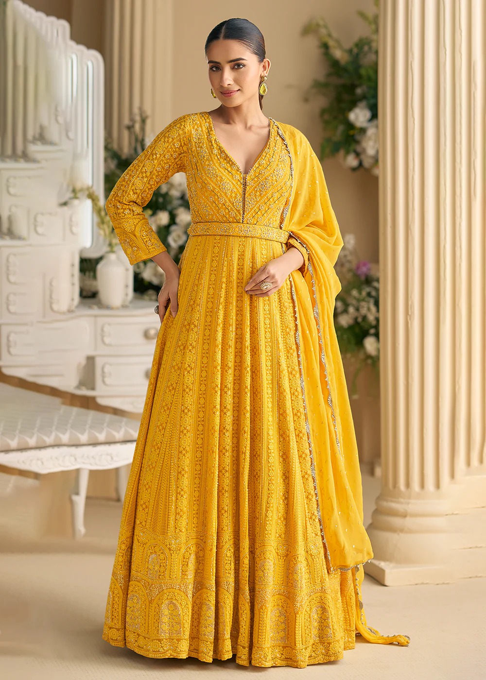Yellow Chikankari Embroidered Wedding Festive Anarkali Gown - Image 3