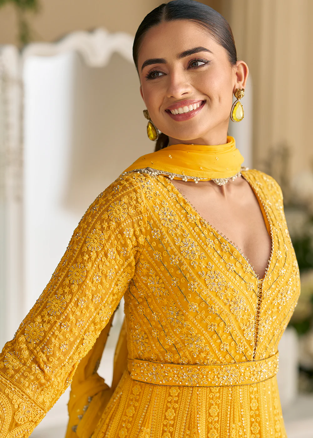 Yellow Chikankari Embroidered Wedding Festive Anarkali Gown - Image 5