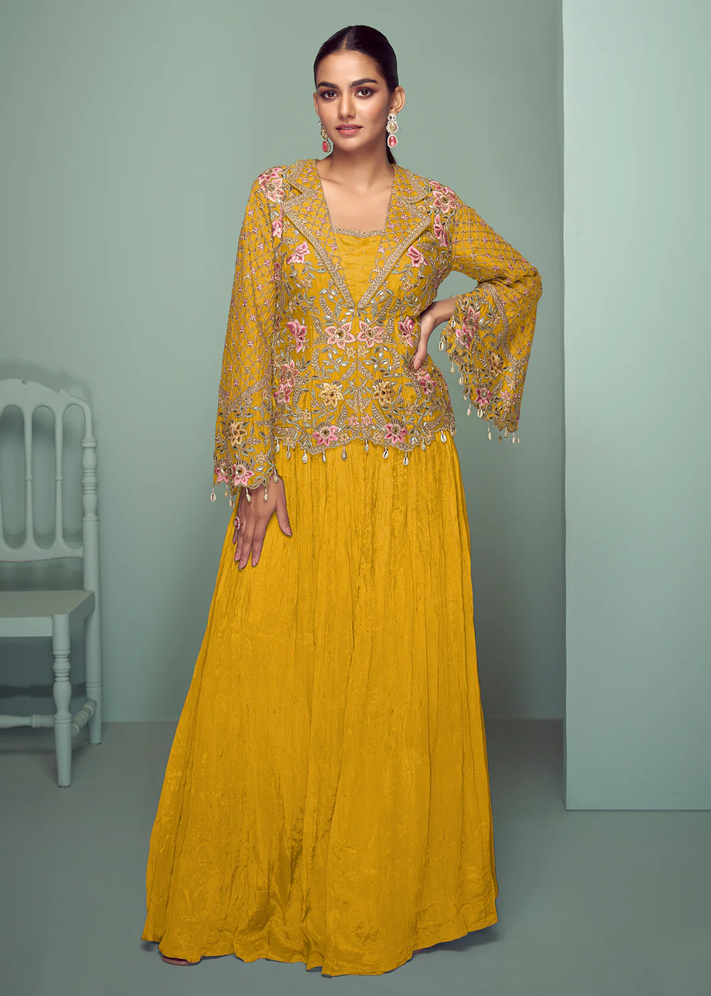 Yellow Chinnon Embroidered Lehenga Skirt Style Suit