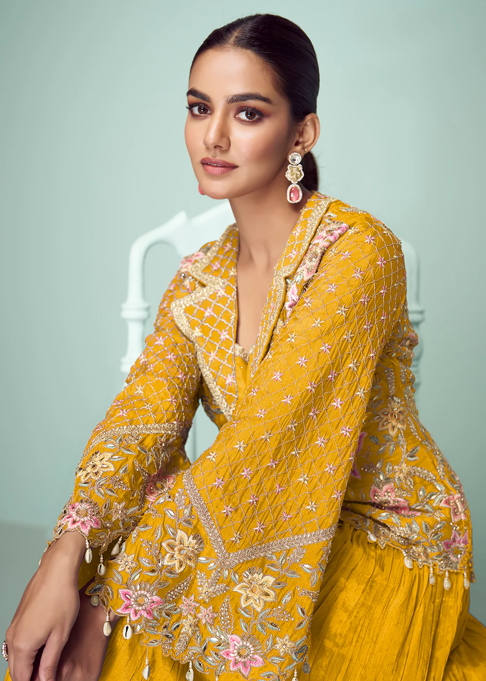 Yellow Chinnon Embroidered Lehenga Skirt Style Suit - Image 2