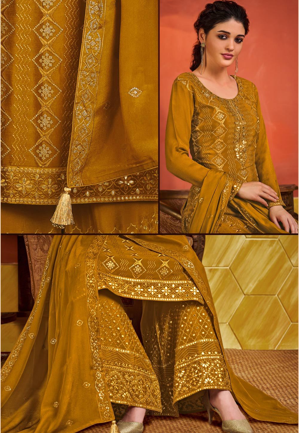 Yellow Chinnon Sequins Embroidered Palazzo Suit - Image 2