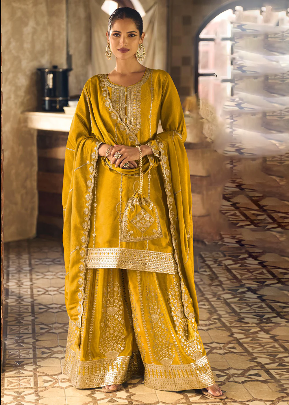 Yellow Chinnon Silk Function & Festive Palazzo Suit