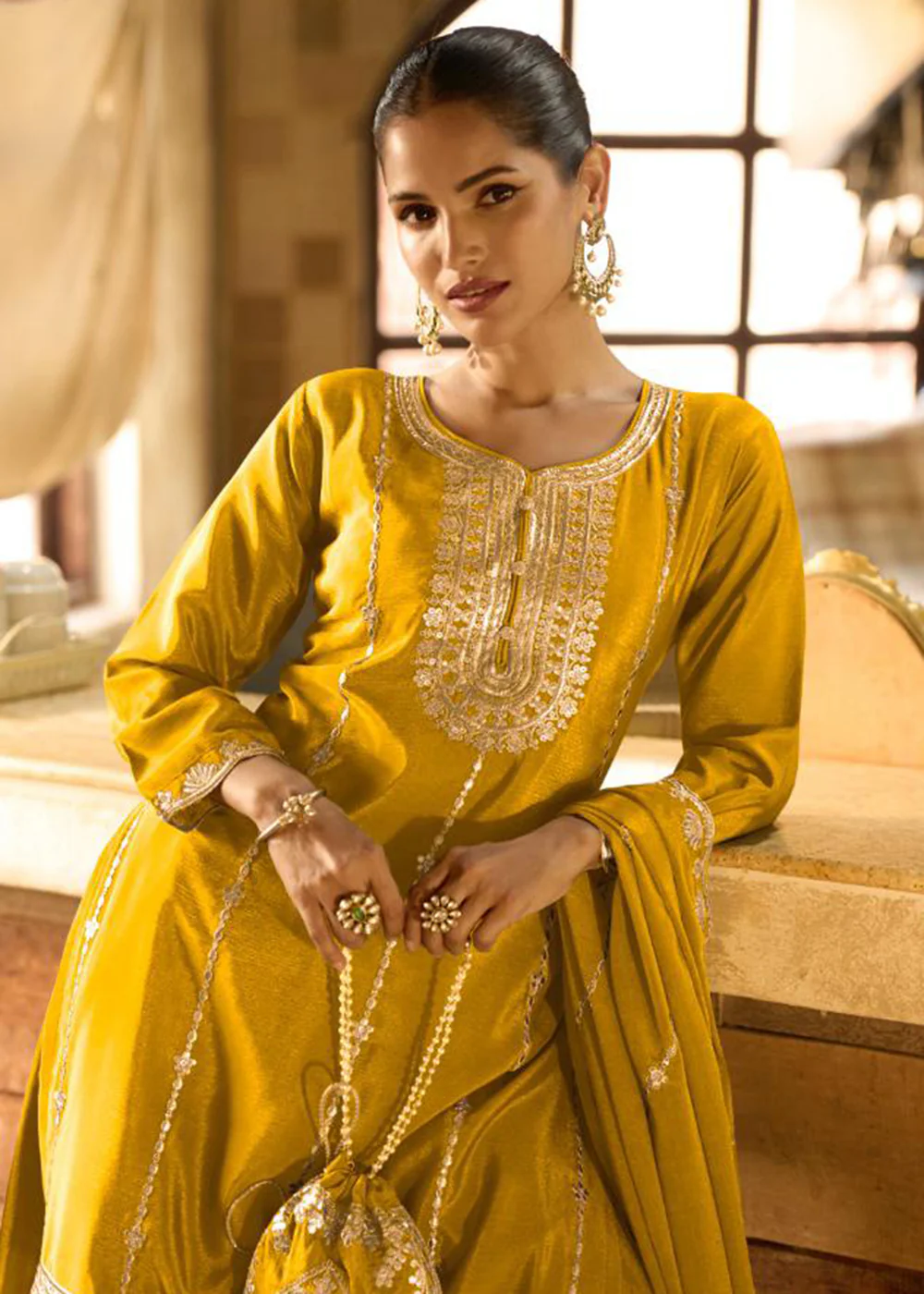 Yellow Chinnon Silk Function & Festive Palazzo Suit - Image 2