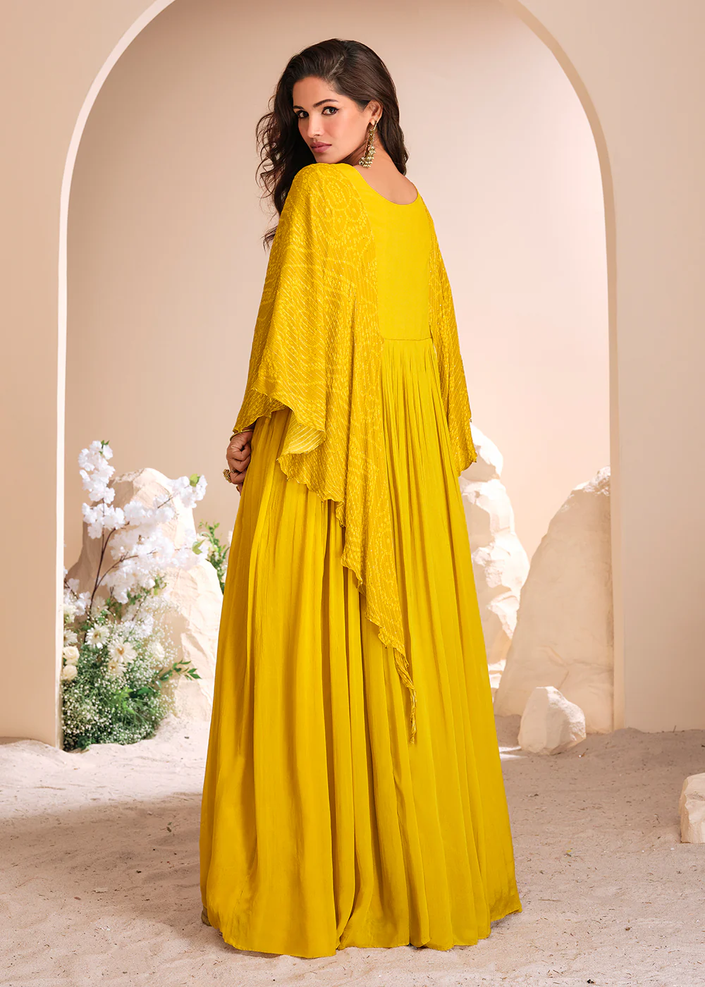 Yellow Chinnon Silk Kaftan Style Anarkali Gown - Image 3