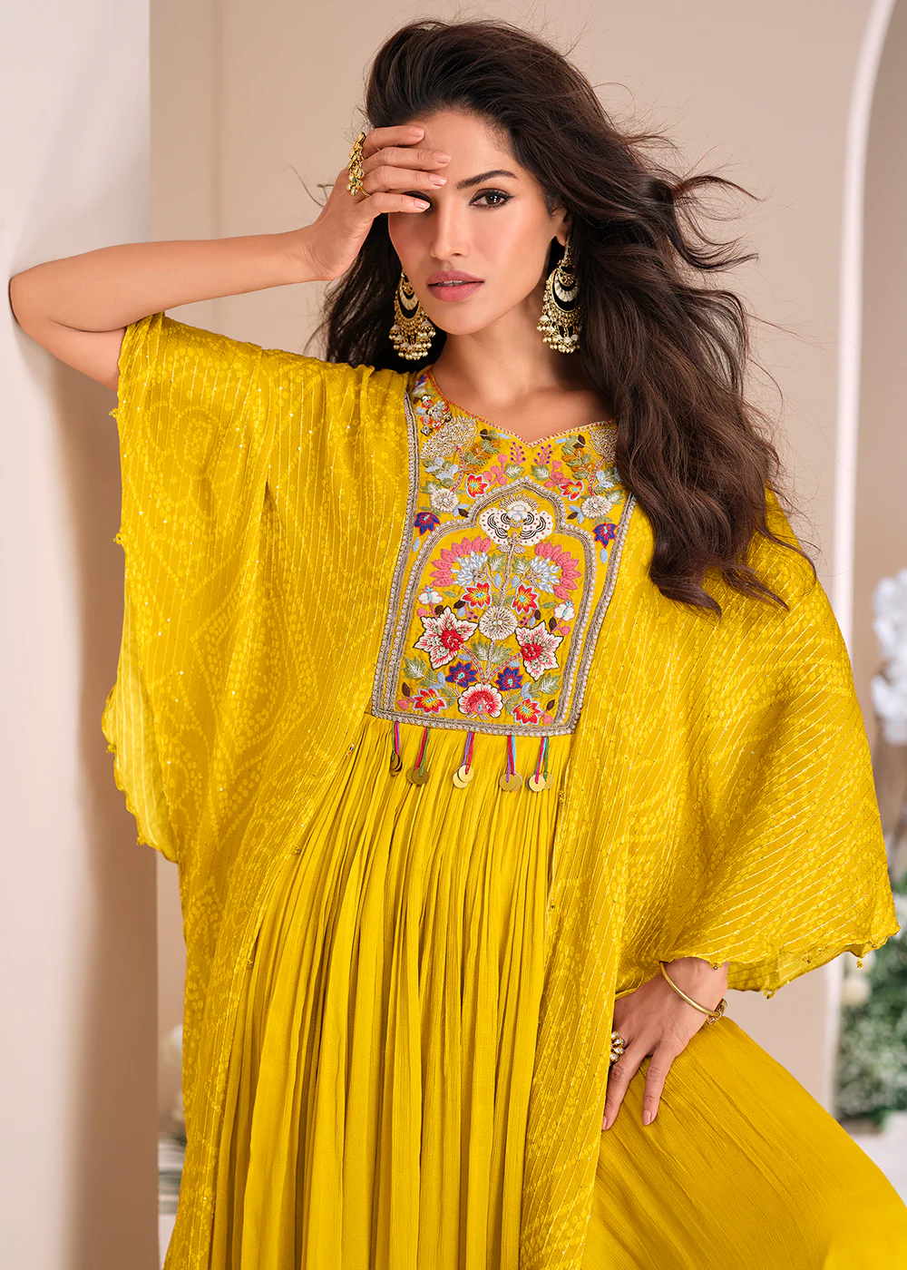 Yellow Chinnon Silk Kaftan Style Anarkali Gown - Image 4
