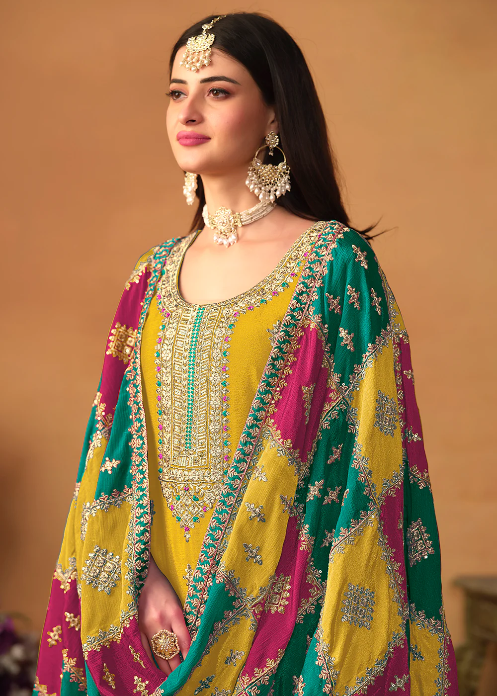 Yellow Chinnon Silk Salwar Suit with Multicolor Dupatta - Image 2