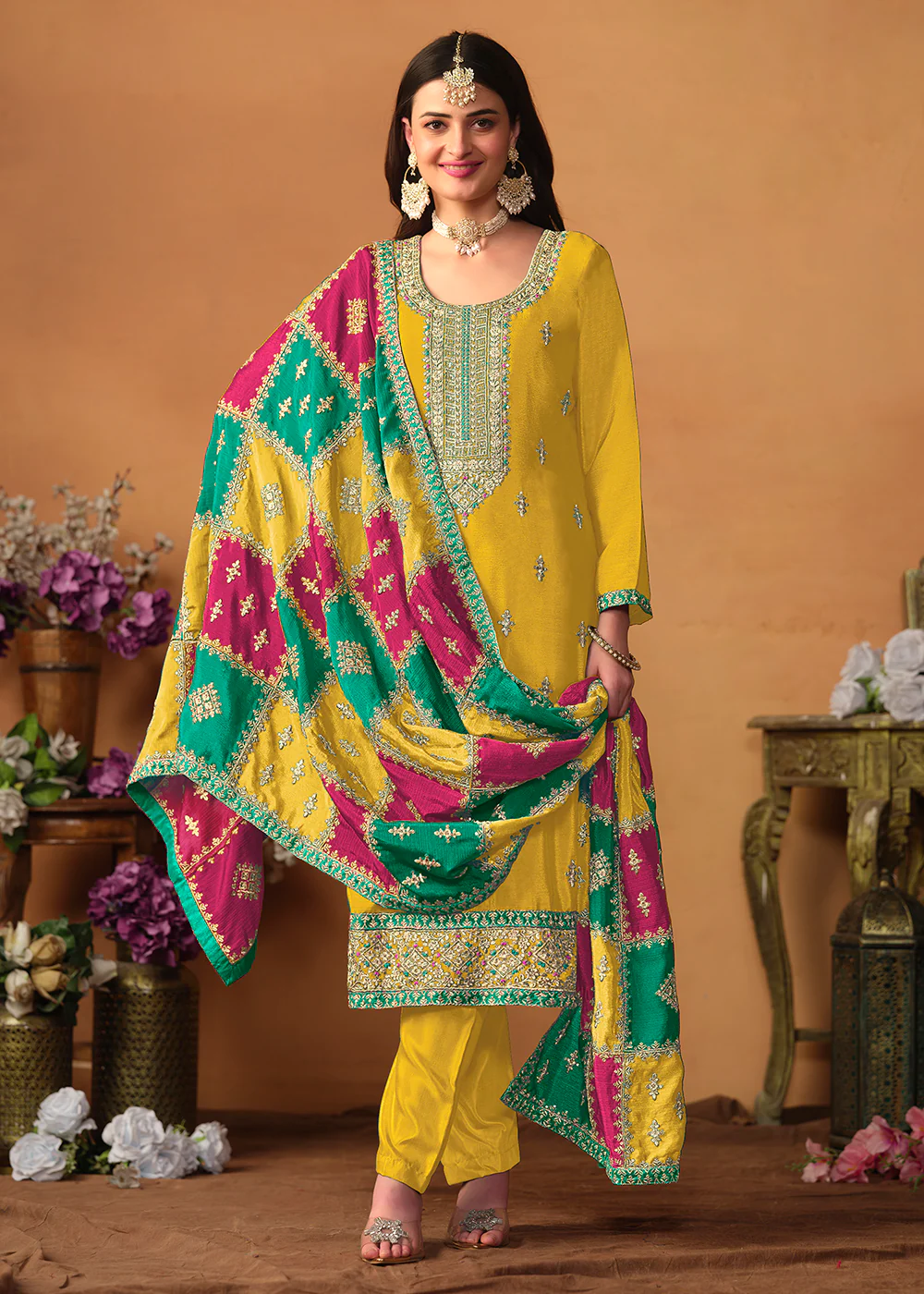Yellow Chinnon Silk Salwar Suit with Multicolor Dupatta - Image 3